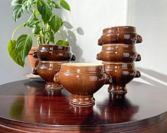 6 Vintage Emile Henry Lion Head Soup Bowls - Brown Ceramic, Made in France - Elegant and Traditional French Design for Your Recipes