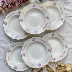 6 Vintage deep plates in Gien flowered earthenware - &quot;Marie-Laure&quot; model (1950) - Vintage French tableware