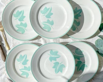 6 Vintage Badonviller White and Light Green Earthenware Plates, 1950s - Green Leaf Pattern - Vintage French Tableware