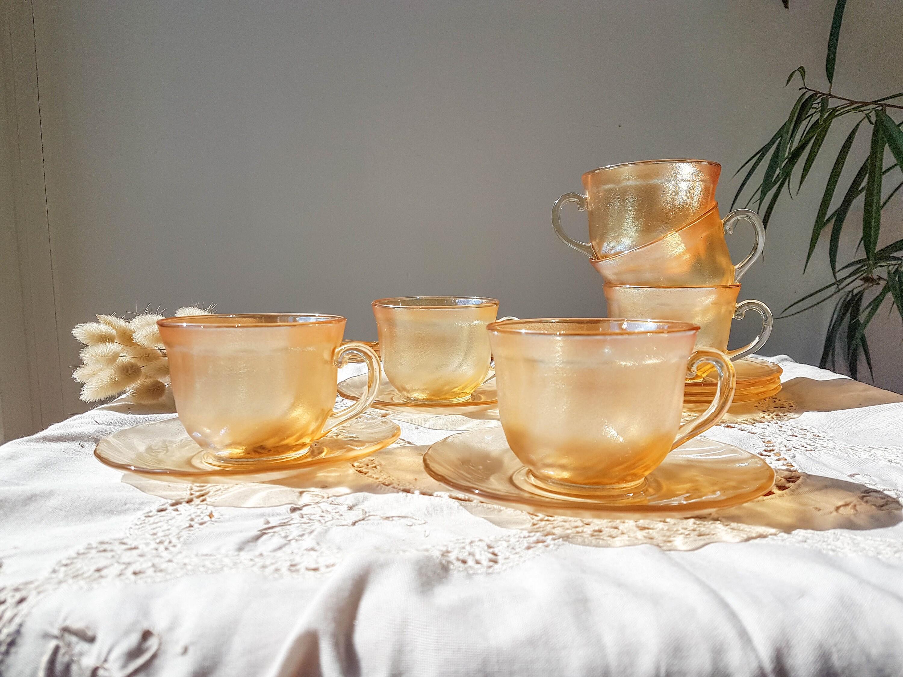 Service à Thé 6 Personnes en Verre Irisé Orange Arcoroc Vintage Made in France ~ Tasses + Sous 1950 