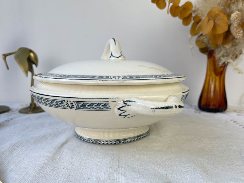 Small vintage soup tureen Terre de fer bleu SALINS "Castellane" model ~ Table service ~ Vintage dish ~ Vintage tableware Terre de fer image 6