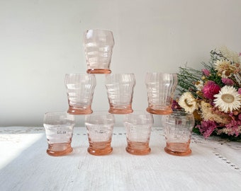 8 Fluted Pink Liqueur Glasses Art Deco Style Made in France ~ Aperitif Glasses ~ Port Glasses ~ Digestive Glasses ~ Pink Vintage Tableware