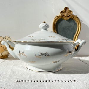 Vintage French soup tureen J&Ciem 1950 white and gold porcelain with floral pattern - White and gold porcelain soup tureen -French tableware
