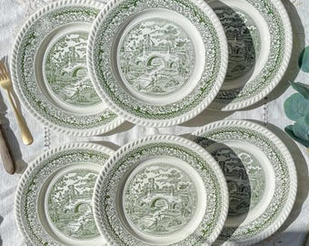 Set of 6 Green English Country-Style Earthenware Dinner Plates – Landscape Pattern