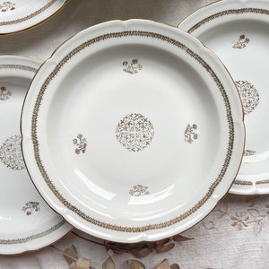 6 Vintage French porcelain soup plates with golden rosette pattern - Vintage tableware - Golden soup plate - Golden white porcelain