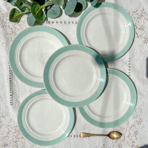 5 Small Vintage French Green Porcelain Plates Céranord - Vintage White Green Tableware