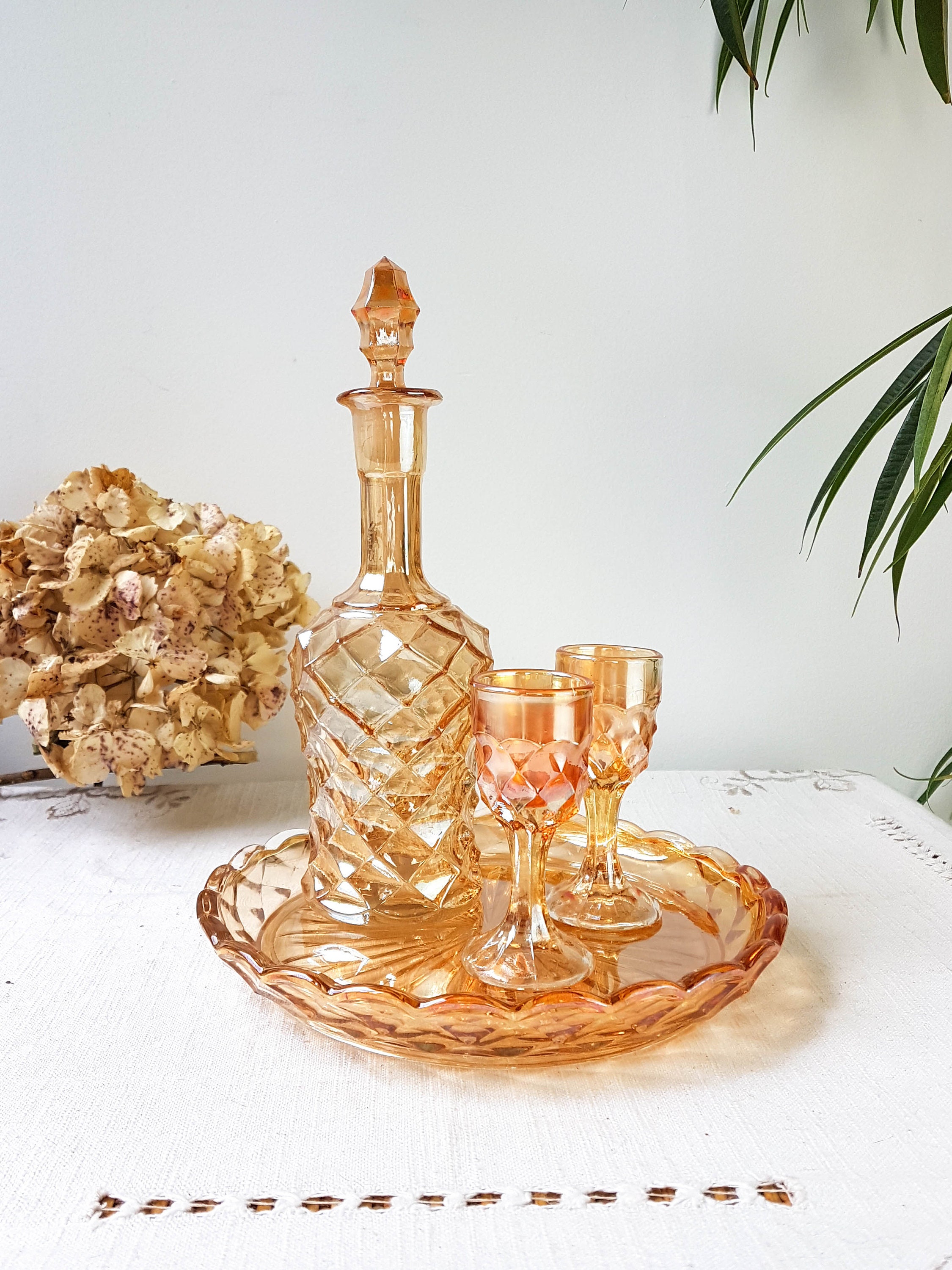 Service à Liqueur en Verre Ambré ~ Carafe et 2 Verres Style Art Déco Vaisselle Vintage Ambre Made in