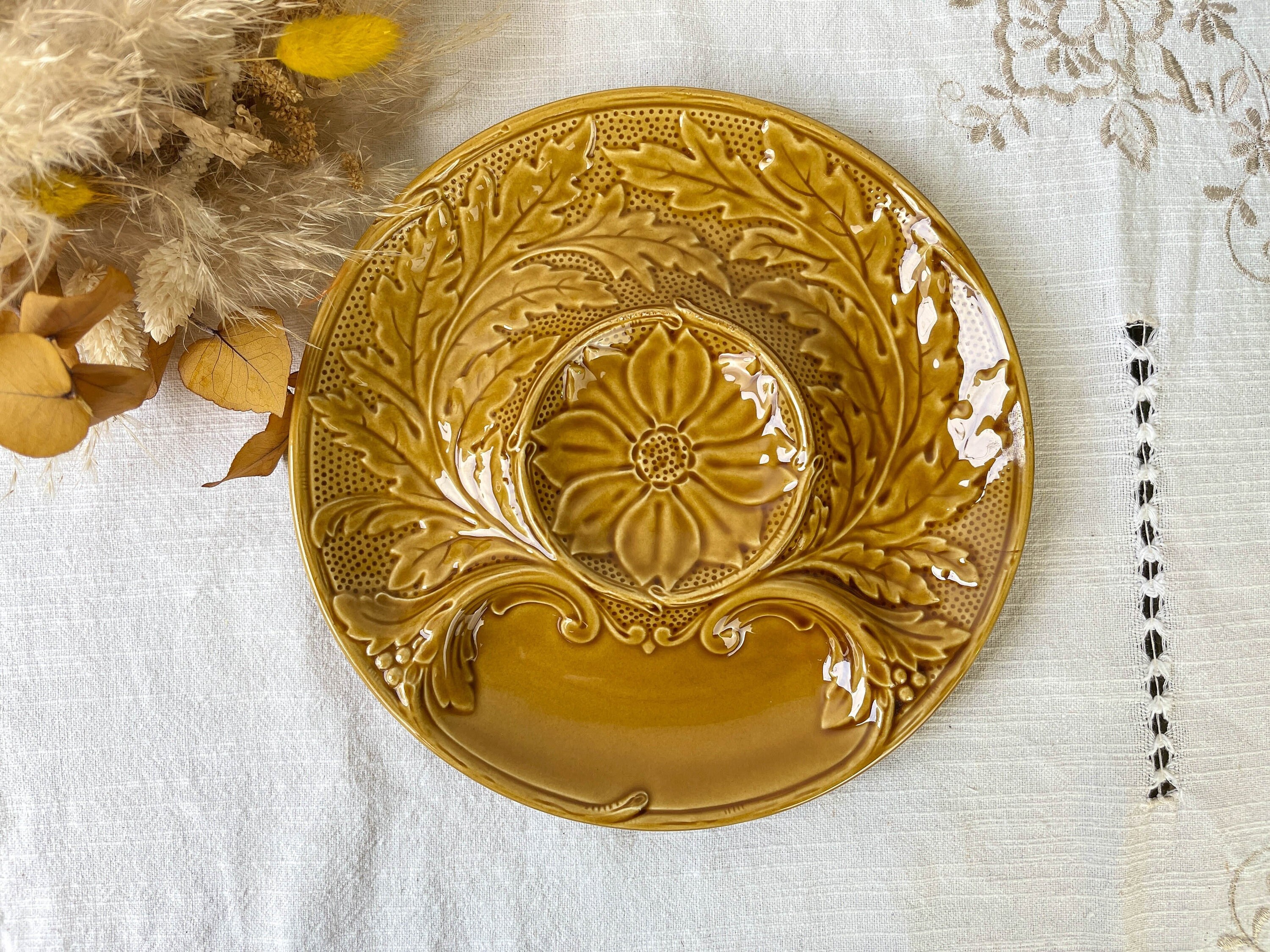 Assiette à Artichaut en Faïence Vintage Gien Made in France 1970 ~ Assiettes Entrée Compartimentées 