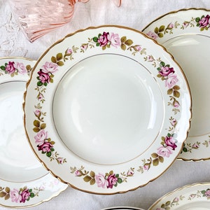 6 Vintage earthenware soup plates MOULIN DES LOUPS model "Amboise" floral pattern - Pink flower plates - Vintage French tableware