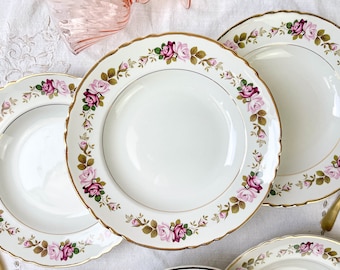 6 Vintage earthenware soup plates MOULIN DES LOUPS model &quot;Amboise&quot; floral pattern - Pink flower plates - Vintage French tableware