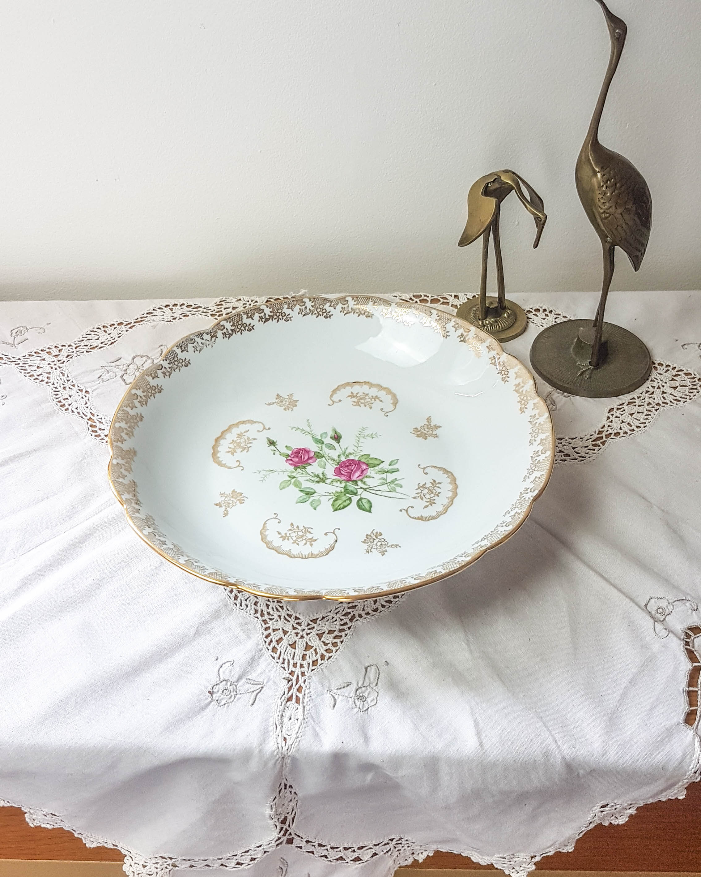 Grand Plat Creux Limoges Fd Chauvigny Blanc Doré Motif Rose Bol Plat Rond Repas de Fête Porcelaine F