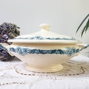 LONGCHAMP "DENISE" soup tureen Terre de fer soup tureen Blue flowers decor ~ Old dish ~ French Antique TRANSFERWARE