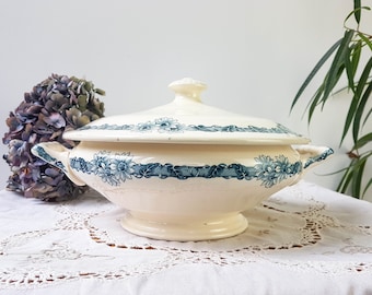 LONGCHAMP "DENISE" soup tureen Terre de fer soup tureen Blue flowers decor ~ Old dish ~ French Antique TRANSFERWARE