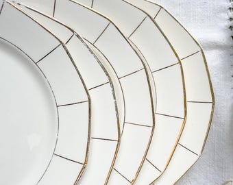 5 Small Vintage Badonvillier Earthenware Plates, 1923, Geometric Pattern - White and Gold Plates - Vintage French Tableware