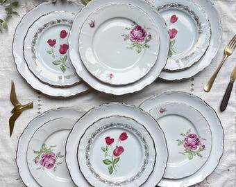 Set of 12 mismatched vintage plates – 6 white and gold porcelain plates + 6 small floral plates