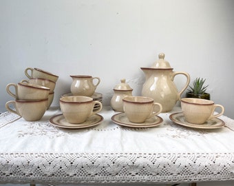 Coffee service in speckled sandstone Tulowice style mid century XXth - Beige speckled sandstone cups - Vintage tableware - Poland tableware