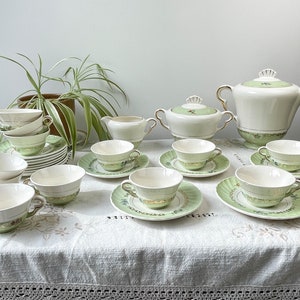 Vintage tea/coffee set in white green gold porcelain SALINS made in France - Vintage French Porcelain Coffee Set - Cups