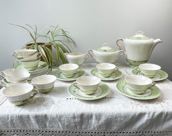 Service à thé/café vintage en porcelaine blanche verte dorée SALINS made in France - Service à café vintage Porcelaine Française - Tasses