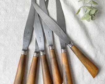 6 Vintage horn knives Silver steel blade LEPINE A LYON France 19th century - Antique cutlery - Kitchen utensils - Vintage tableware
