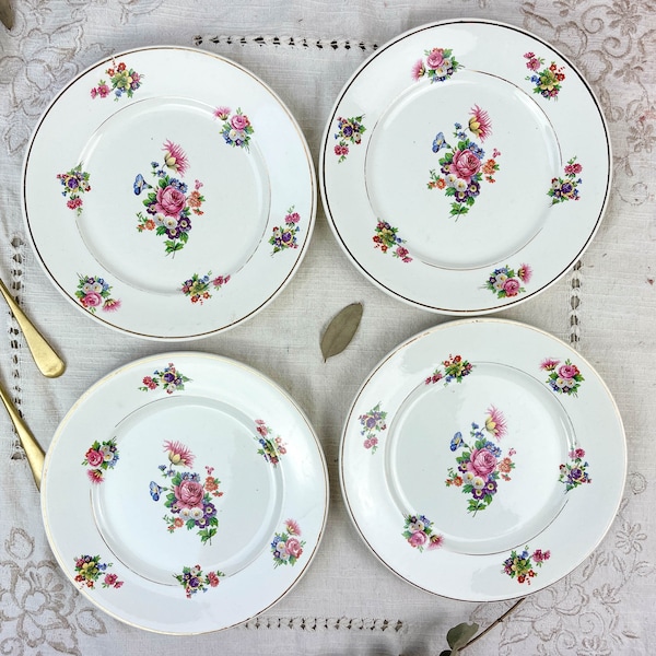 4 SALINS Terre de fer small Plates model "ANNY" flower pattern made in France ~ Vintage pink tableware