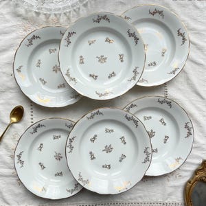 6 white gilded French porcelain soup plates J&Ciem France 1950 floral pattern - Vintage floral tableware - Vintage golden plate