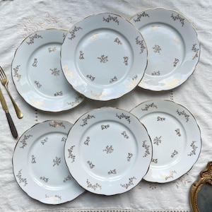 May include: Set of six white ceramic dinner plates with a gold floral pattern. The plates have a scalloped edge and are perfect for a formal dinner setting.