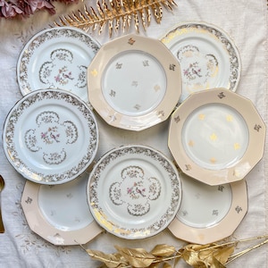 8 Small Vintage Mismatched Plates in French Porcelain Limoges, Orchies - Golden Flower and Bird Patterns - Antique Tableware