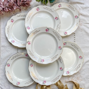 7 Vintage flat plates in Gien flowered earthenware - &quot;Marie-Laure&quot; model (1950) - Vintage French tableware