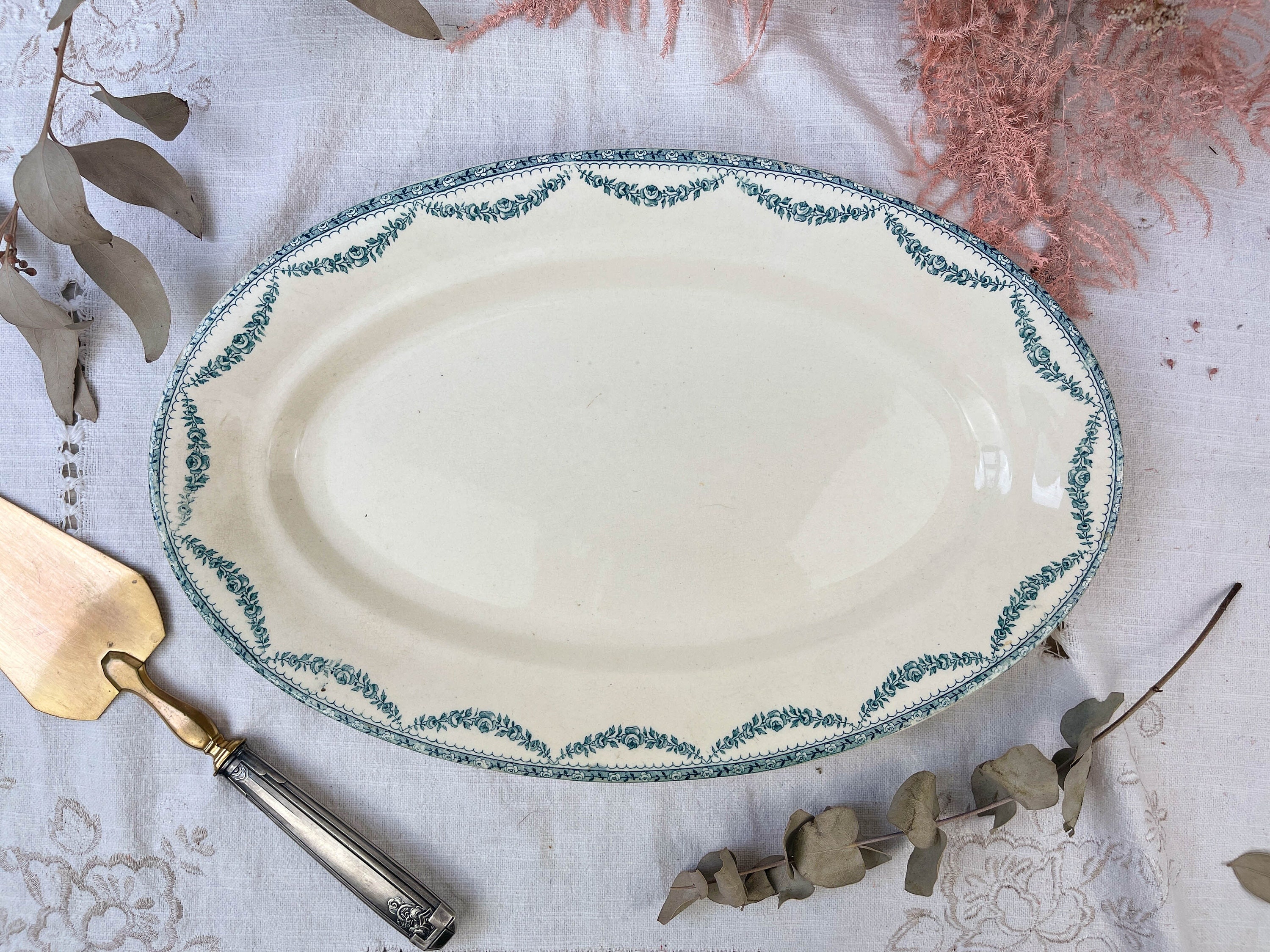 Plat Oval Terre de Fer Alexandra ~ Vaisselle Vintage Française Plat Service Ancien Saladier Plateau 