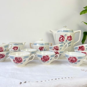 Service à thé vintage en faïence fleurie SARREGUEMINES modèle &quot;TROYES&quot; ~ Service à café vintage made in France ~ Tasses à thé ~ Théière