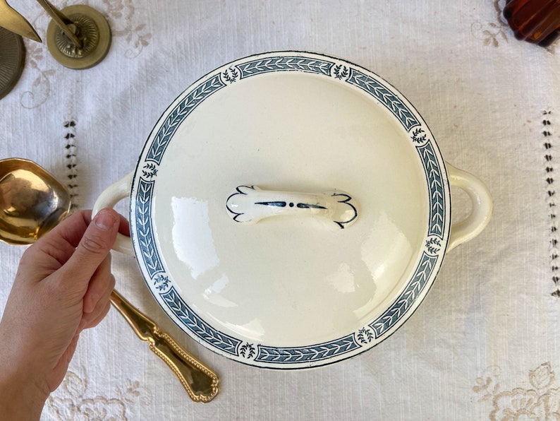 Small vintage soup tureen Terre de fer bleu SALINS "Castellane" model ~ Table service ~ Vintage dish ~ Vintage tableware Terre de fer image 4