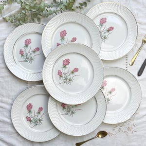 7 Assiettes plates en porcelaine fleurie vintage Française Moulin des loups Orchies 1950 - Assiettes fleuries vintage Française
