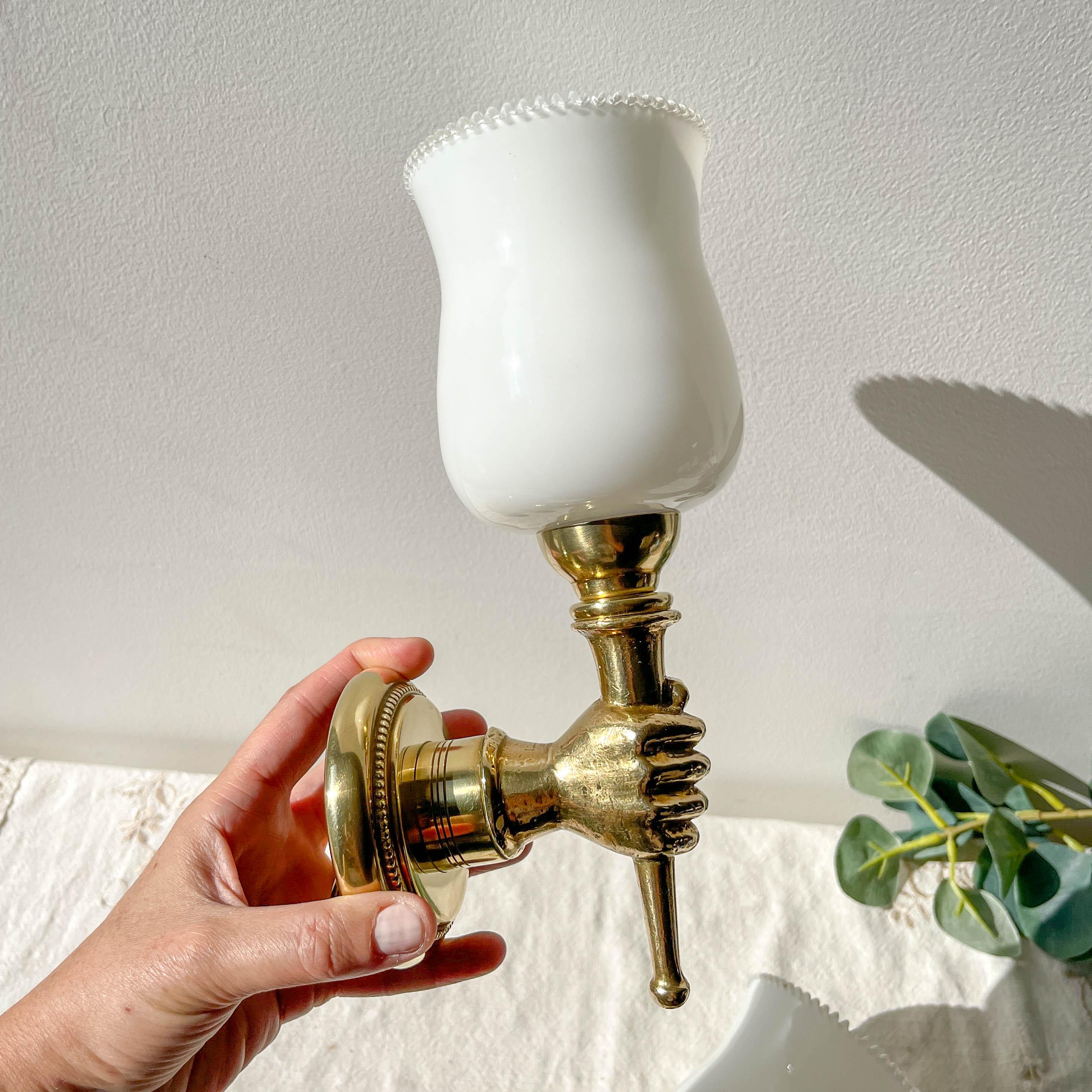 Pair of Vintage Brass Hand Torch Wall Sconces, Attributed to
