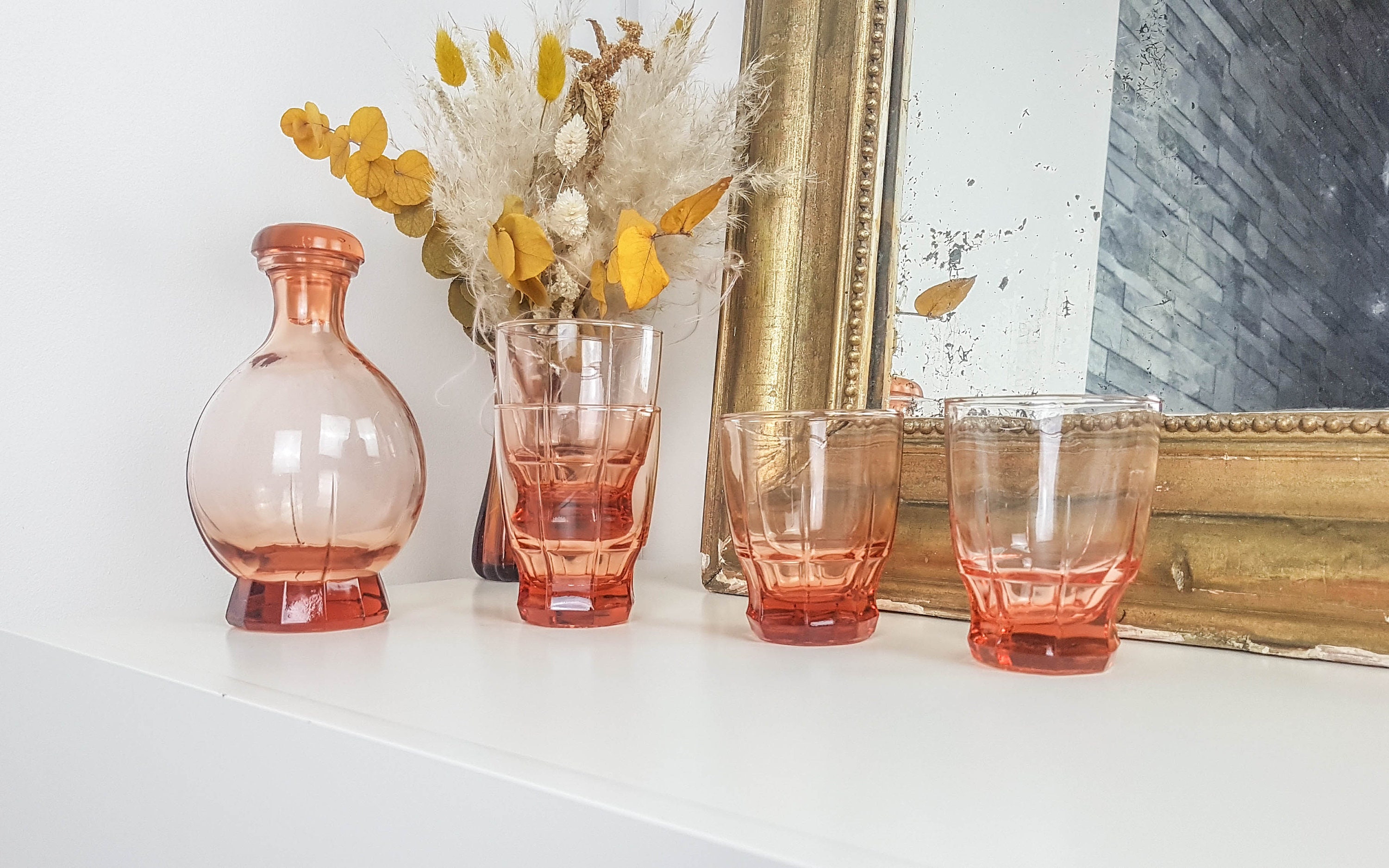 Service en Verre Rose Carafe et 4 Verres à Eau Art Déco Vaisselle Vintage Made in France Pichet Rose