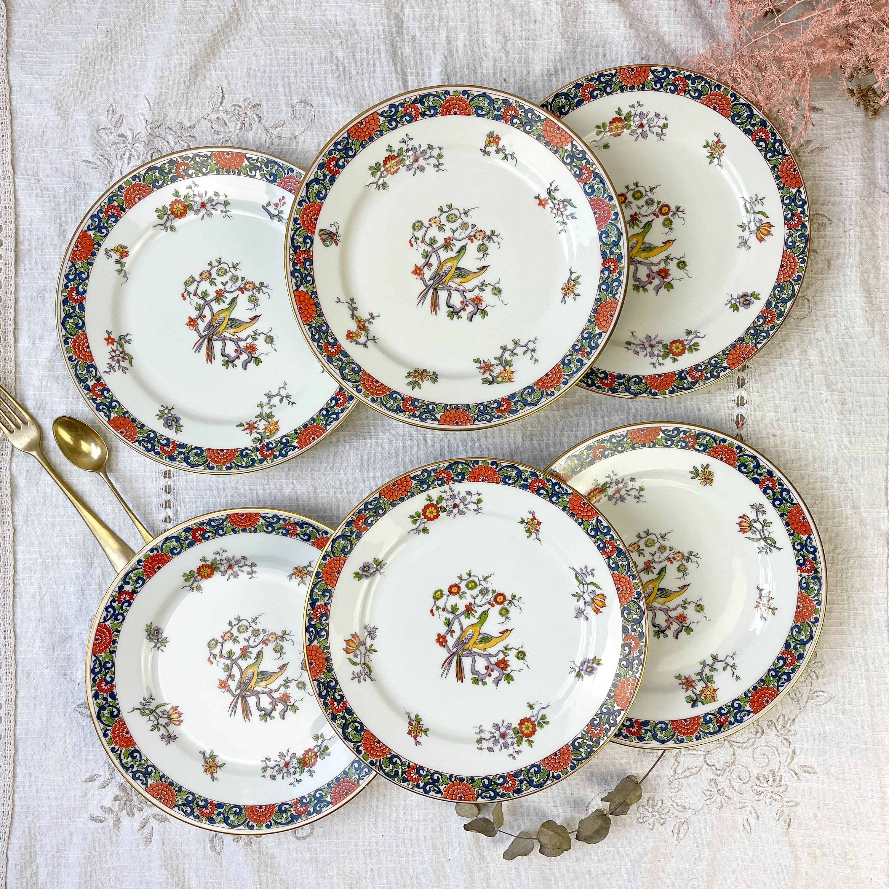 6 Assiettes Plates Porcelaine Chauvigny Limoges Motif Oiseau ~ Vaisselle Vintage Française Porcelain