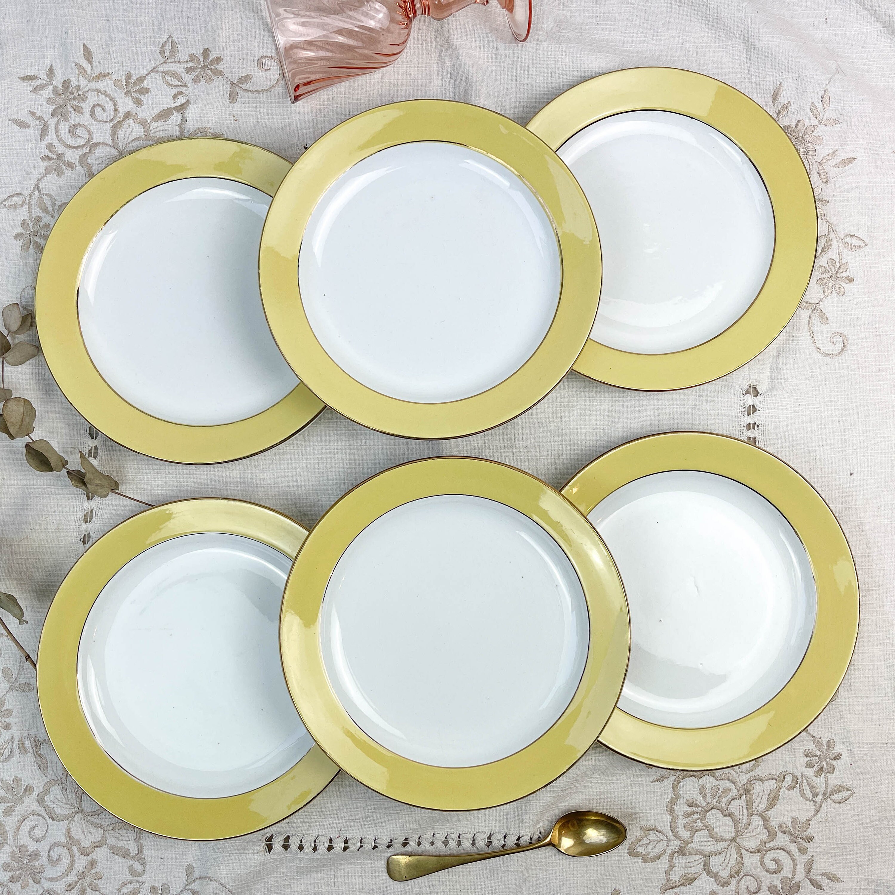 6 Petites Assiettes Vintage en Porcelaine Jaune Doré L'amandinoise 7894 ~ Service Blanche Assiettes 