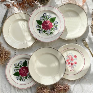 6 Assiettes vintage porcelaine Française fleurie dépareillées - Assiettes vintage champêtre - Sarreguemines - Badonvillier -Moulin des Loups