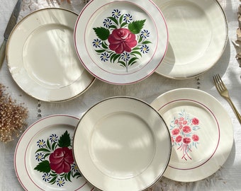 6 Vintage French porcelain plates mismatched flowers - Vintage flowered plates - Sarreguemines - Badonvillier - Moulin des Loups