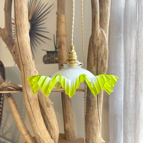 Baladeuse abat-jour vintage en verre dentellé vert personnalisable - Suspension lumineuse vintage - Abat-jour ancien dentelé - Lampe chevet