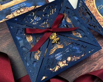 Beauty and the Beast Wedding Invitation, Fairytale Wedding Invitation, Navy Blue Invitation, Burgundy Wedding Invitation, Quinceanera Invite