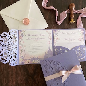 Faire-part de mariage Emmêlés, Faire-part de mariage Disney, Faire-part de mariage laser lilas, Faire-part de conte de fées, Faire-part Disney, Raiponce