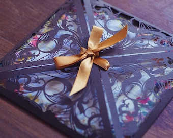 Autumn Wedding Invitation | Rustic Laser Cut Chocolate Wallet