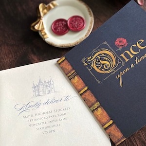 Beauty and the Beast Invitation, Quinceanera Invitation, Fairytale Invitation, Story Book Invitation, Princess Invitation, Navy and Red