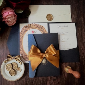 Beauty and the Beast Wedding Invitation, Navy Pocket Wallet, Gold Satin Bow