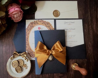 Beauty and the Beast Wedding Invitation, Navy Pocket Wallet, Gold Satin Bow