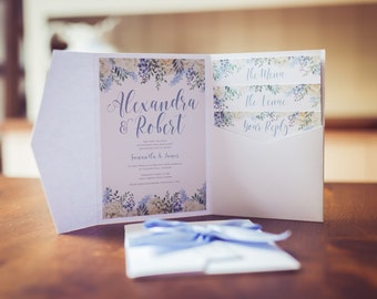Invitation de mariage floral bleu, invitation de portefeuille de poche, invitation de mariage floral, invitation de mariage bleu bébé, jolie invitation de mariage