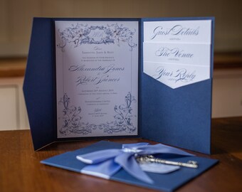 Navy Blue Wedding Invitation, Romantic Crest, Silver Key Detail