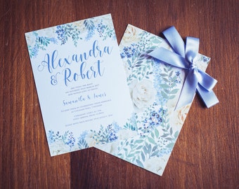 Faire-part de mariage Suite Bloom Pastel | Thème bleu bébé bleuet avec roses ivoire | Mariage floral | Fleurs à la fête bleue de Quinceanera