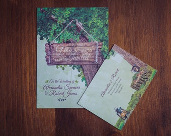 Invitation printanière des bois | Faire-part de mariage lapin | Forêt printanière de feuilles vertes | De belles invitations sur mesure pour toutes les occasions