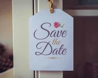 Beauty and the Beast Save the Dates | Wedding Tag | Classic Disney | Ivory, Gold | Quinceanera | Sweet Sixteen |
